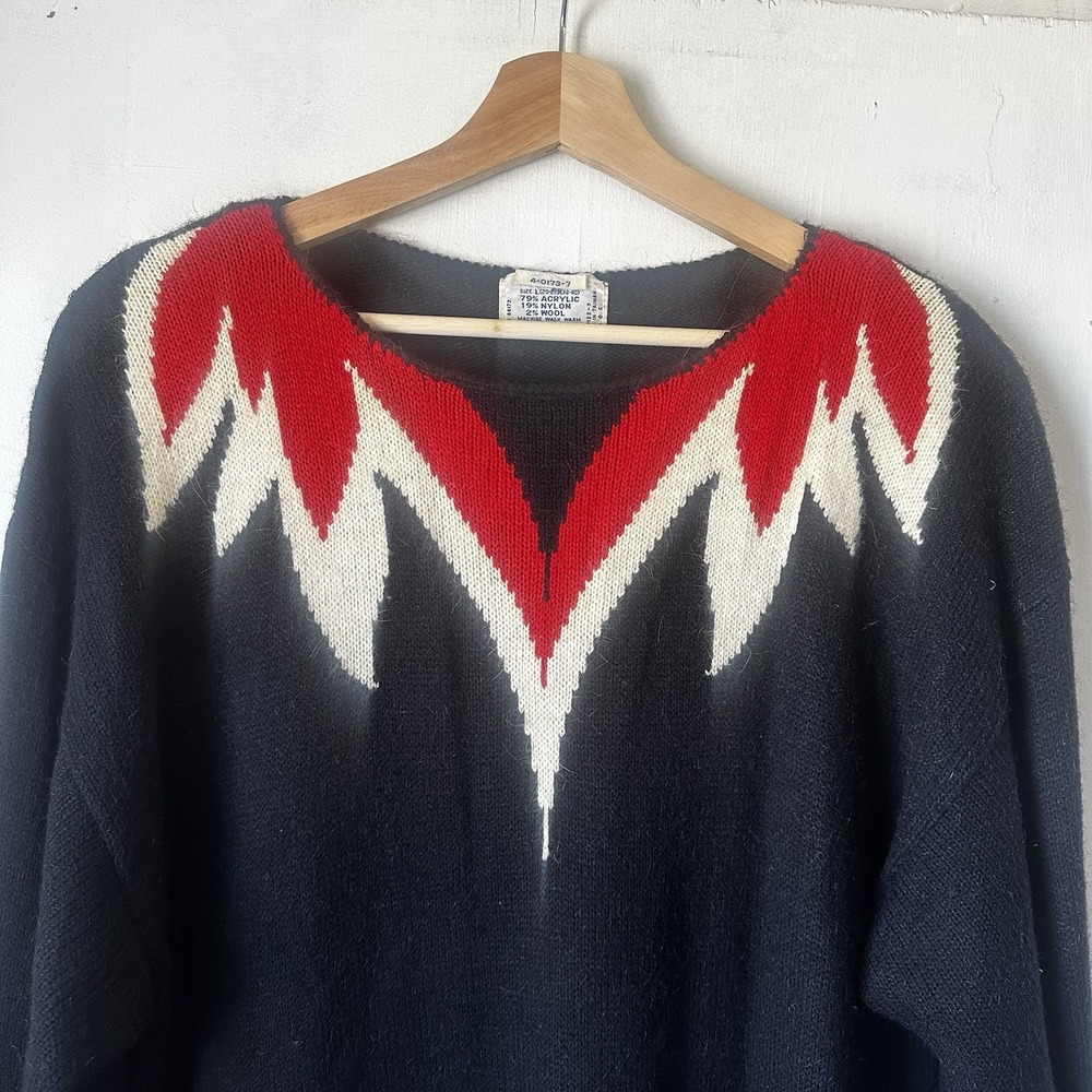 Vintage 80's Knit Sweater Dress Black Red Graphic Glam Moto Babe Mob Wife XL - Picture 2 of 7